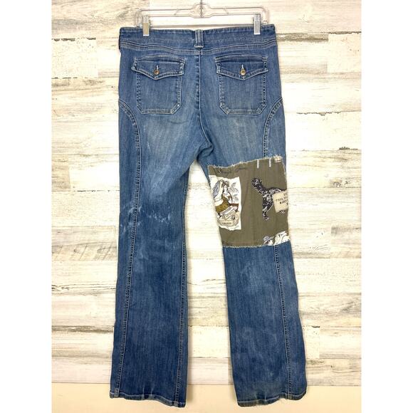 London Jeans Women’s 12 Blue Patchwork Flare low rise Distressed Denim Jeans - Picture 2 of 8